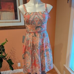 Ann Taylor Coral and Cream Paisley Mini Dress 70% Cotton 30% Silk NEW